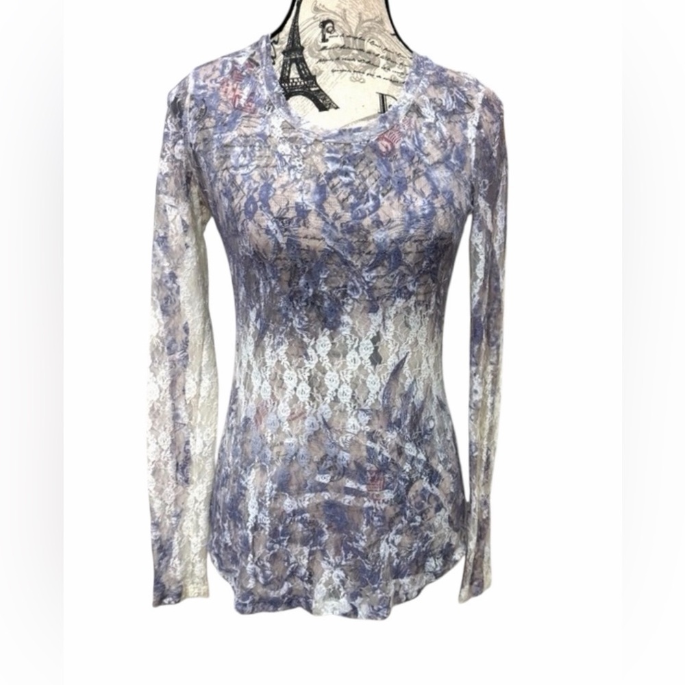 Weavevers Blue & White Fitted Long Sleeve Sheer Lace Top size Small